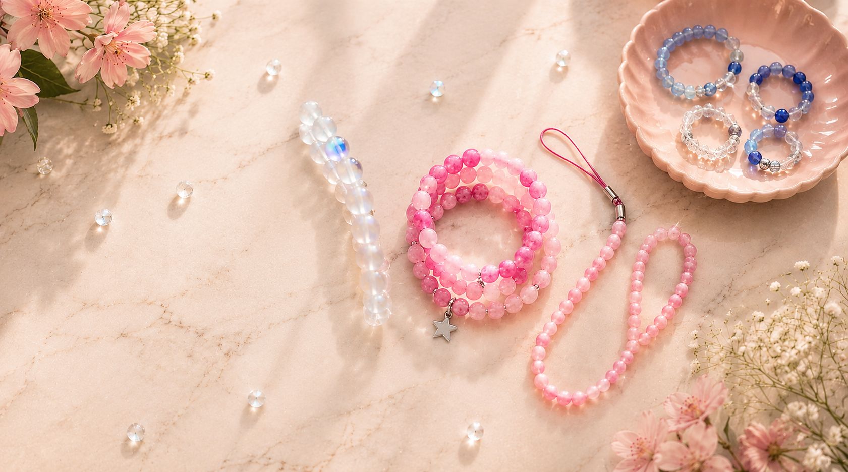 Beaded jewelry including bracelets and a necklace on a textured surface with flowers.
