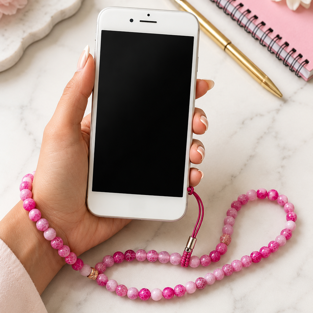 Hand holding a smartphone with a pink beaded strap, marble surface with notebook and pen.