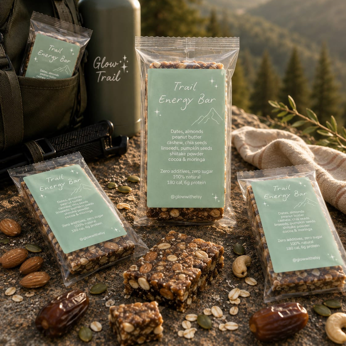 Trail Energy Bars displayed outdoors on a rock with a backpack, water bottle, and forest mountains in the background. The bars are packaged in clear bags with mint green labels and are shown alongside nuts, seeds, and dates.